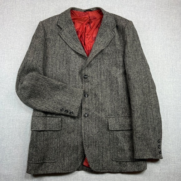 VTG Eddie Bauer Harris Tweed Sport Coat Men 44L Gray Wool Herringbone Scottish